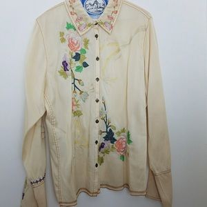 Johnny Was Silk XL Button Down Shirt Embroidery